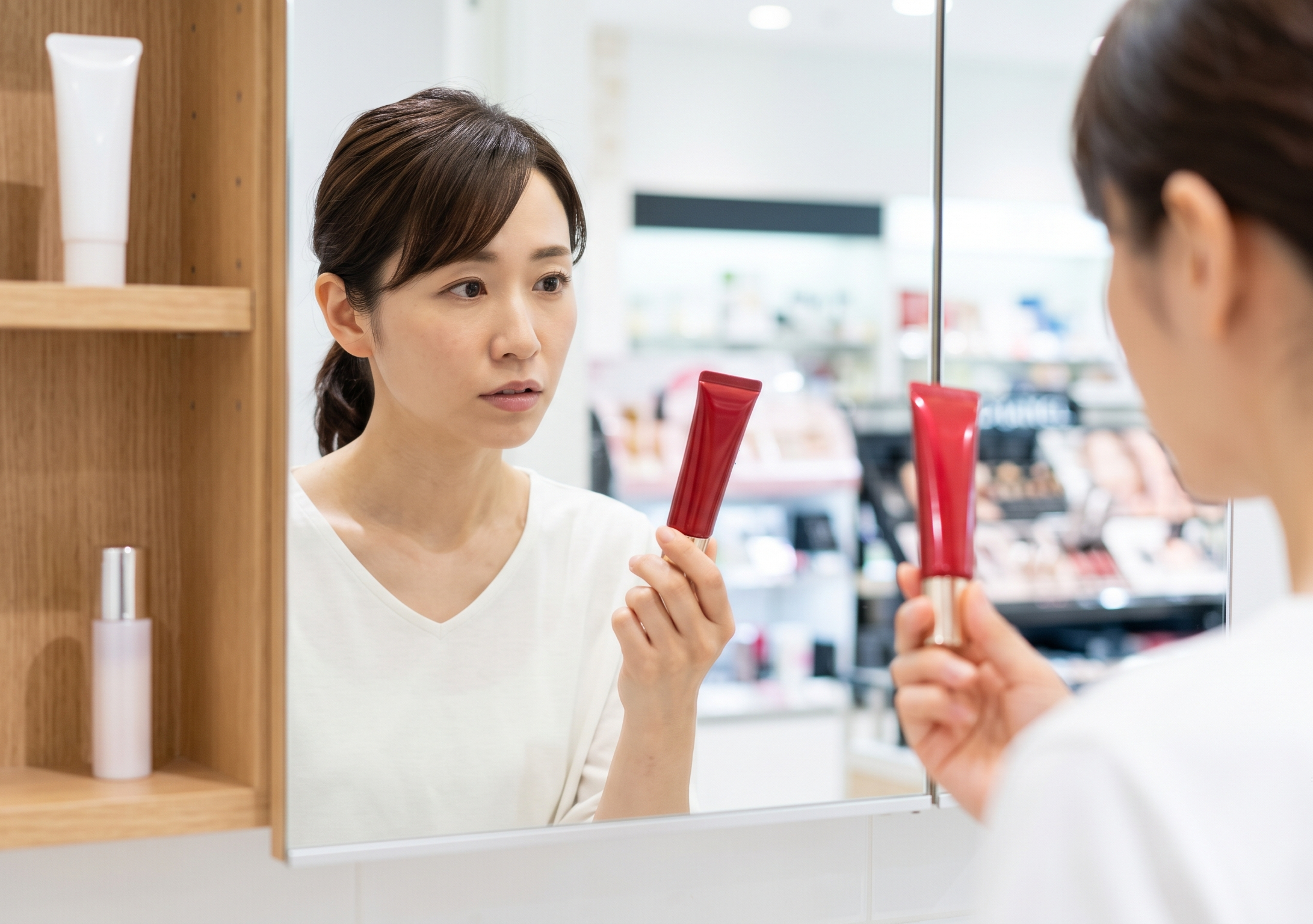 アスタリフトの赤いBBクリームを手に、不思議そうな表情で鏡を見る日本人の女性