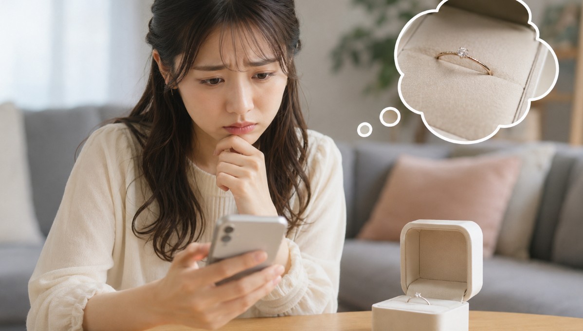 SNSの口コミを見て、アーカーの婚約指輪はありえないとの噂を見てしまい不安になる女性