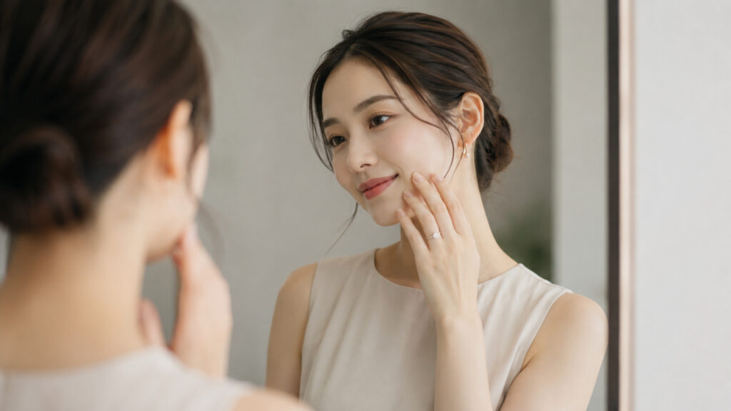 アーカーの婚約指輪とそれをはめている姿に満足感と自信を持つ女性