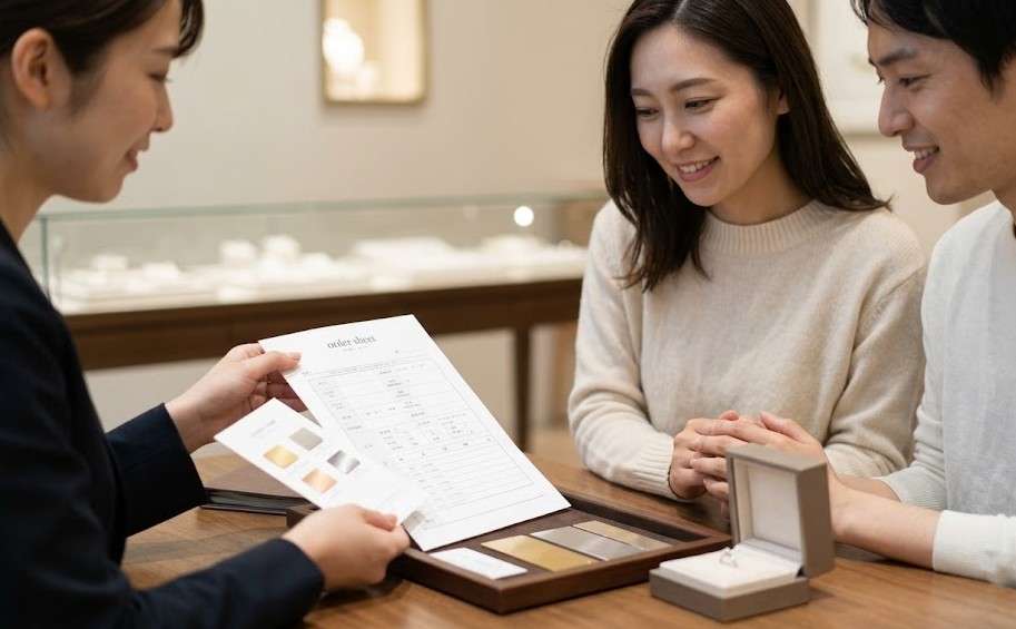 洗練されたアーカーのブティックで、スタッフから「オーダーカルテ」や素材サンプルの説明を真剣かつ嬉しそうに聞く日本人カップル。手頃さとオーダーメイドの価値を表現