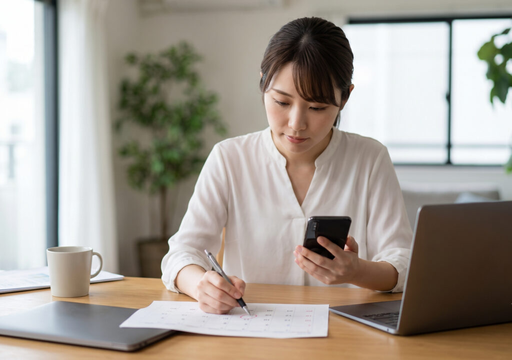 自宅のデスクでスマートフォンを操作しながら、カレンダーの特定の日付に丸をつけて、定期購入の解約期限を確認する日本人女性