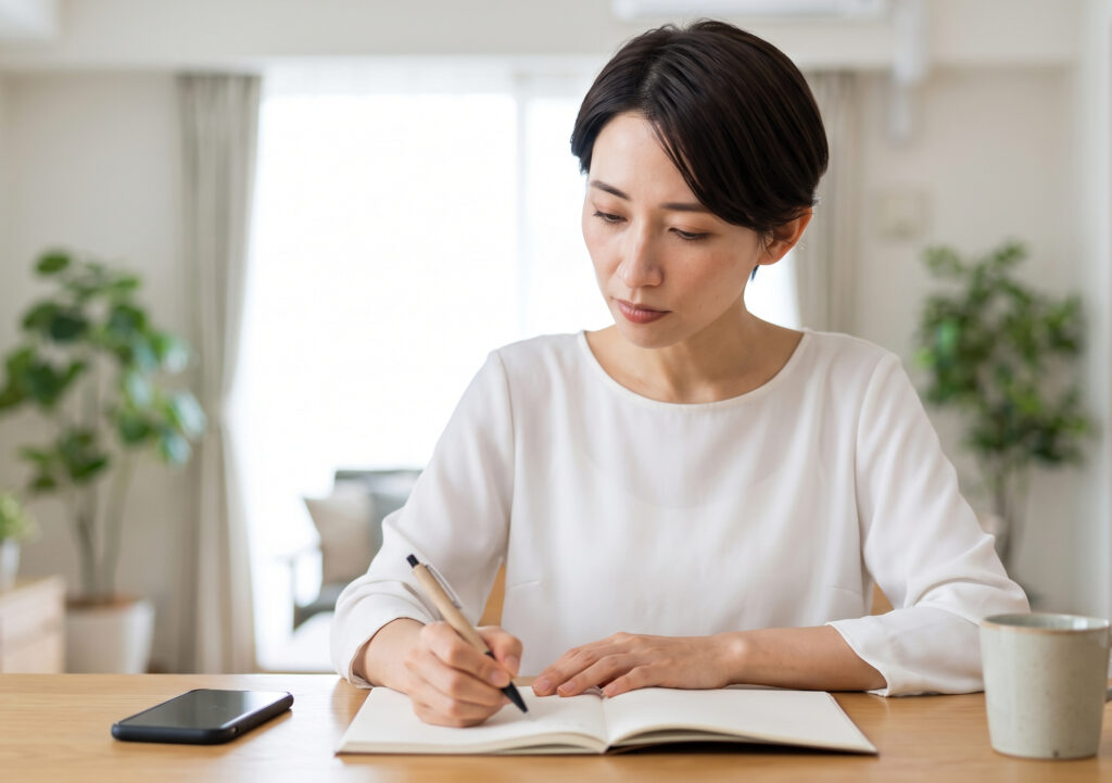 自宅のリビングで、ノートにペンで「チェックリスト」と書き、真剣な表情で購入前の確認事項を整理する日本人女性