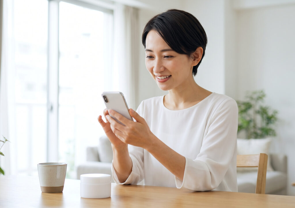 自宅のリビングで、納得した表情でスマートフォン(公式サイト)を見て微笑む日本人女性。手元にはスキンケアジェル。