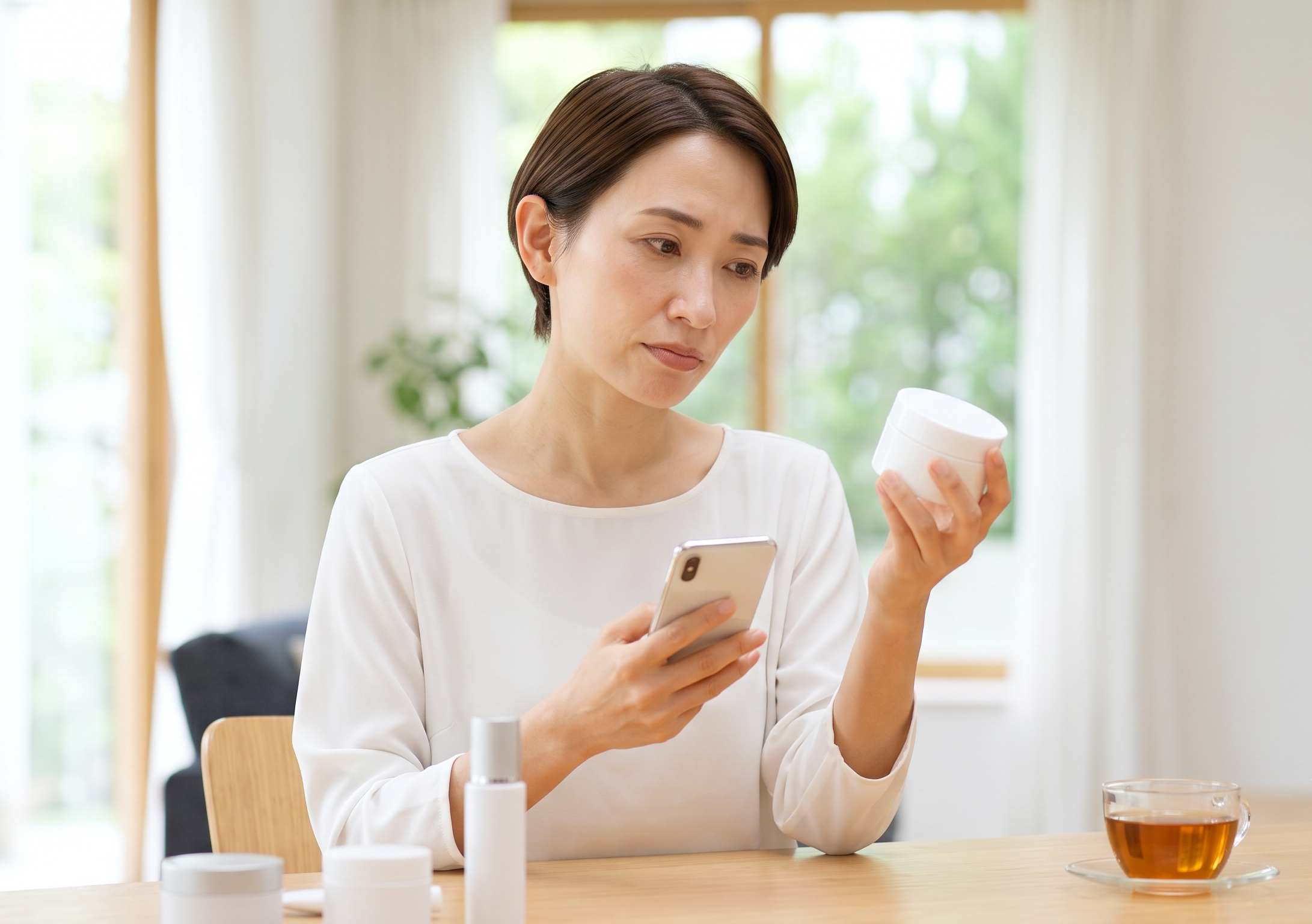 シミ対策のオールインワンジェルを手に取り、スマートフォンの画面を見ながら不安げに考える日本人女性