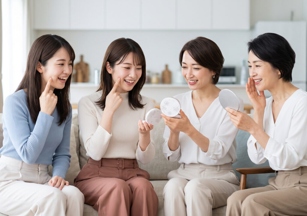 20代から50代まで、幅広い年齢層の日本人女性グループが、明るいリビングでスノービューティー2026のコンパクトを囲み、肌の透明感について笑顔で話し合っている様子。多世代に愛されていることを視覚化。