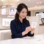 資生堂のカウンターで、新しい白基調のスノービューティー2026コンパクトを手に取る笑顔の日本人女性。洗練されたデパートの化粧品売り場の様子。