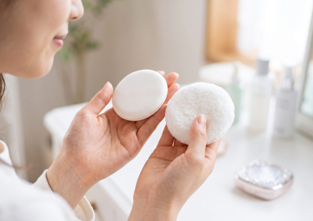 異なる質感を持つ2種類のパフ（朝・日中用の薄いパフと、夜用の厚いパフ）を両手に持ち、その違いを確認する日本人女性の手元