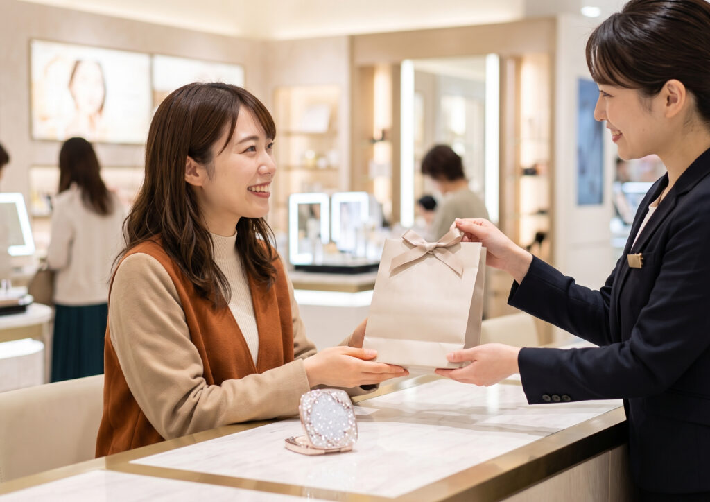 デパートの化粧品カウンターで、ビューティーアドバイザーから笑顔で商品（スノービューティー）を受け取る日本人女性。安心感のある正規店での購入シーン