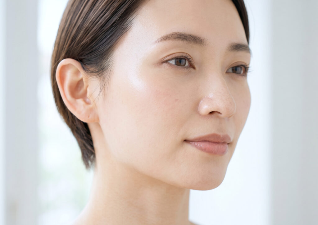 パウダーを塗った後の、明るく透明感のある肌を持つ日本人女性のアップ