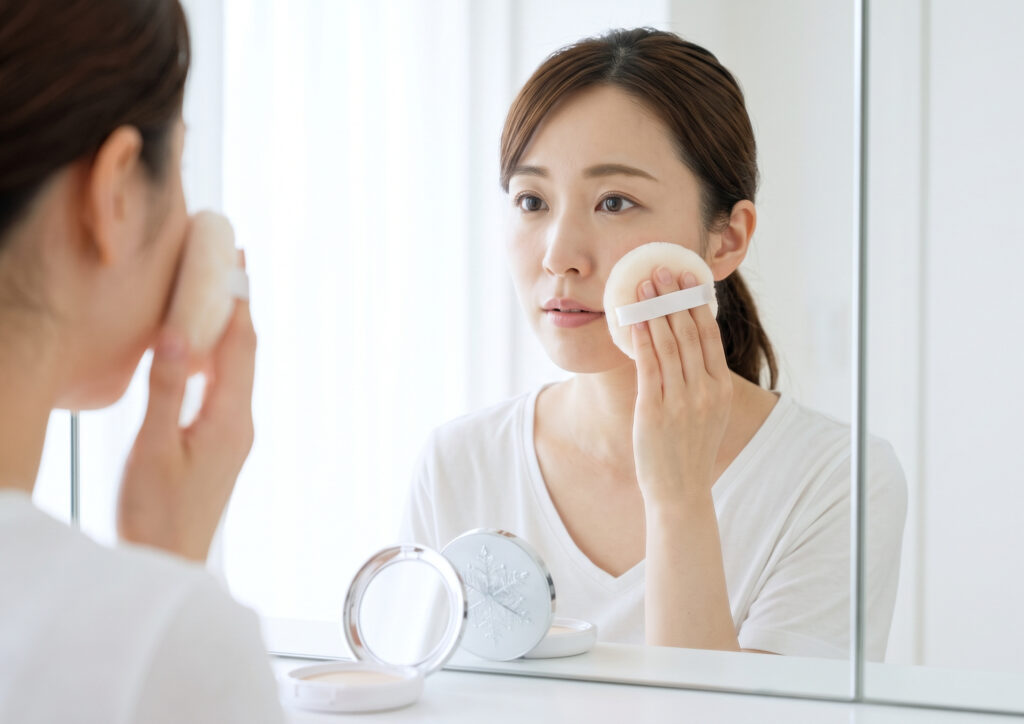 鏡の前で、大きなパフを使ってパウダーを薄く丁寧に塗る日本人女性