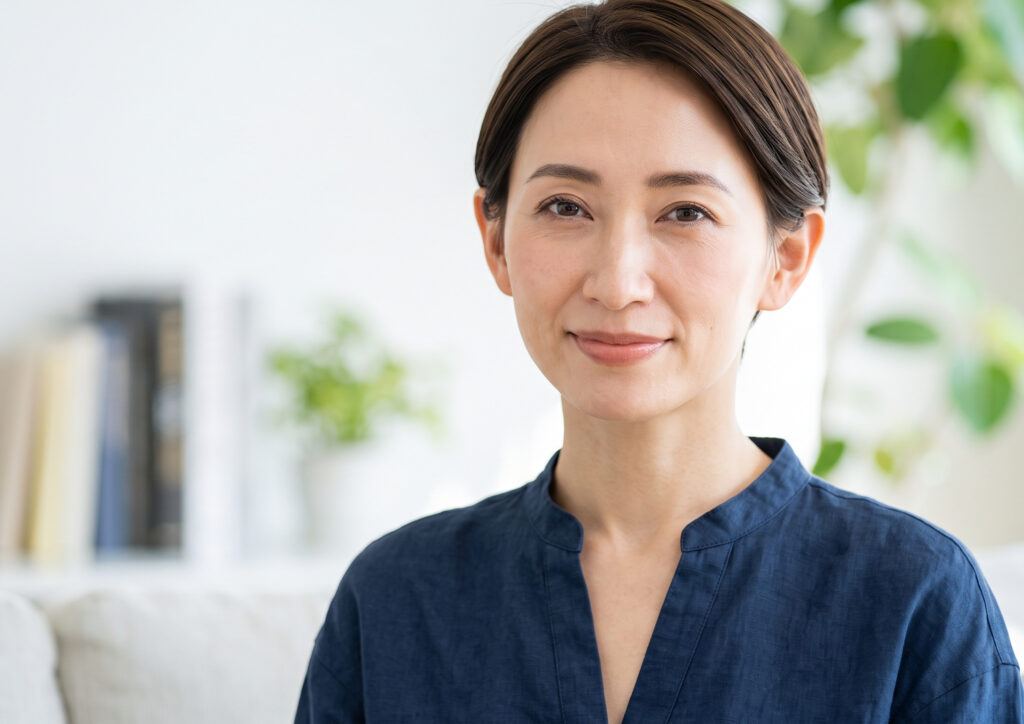 肌がきれいで、自信を持った表情の上品な50代日本人女性