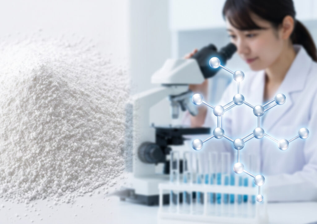 薬用美白パウダーの成分解析。美白有効成分4MSKの分子構造をイメージしたグラフィックと、パウダーの粉。