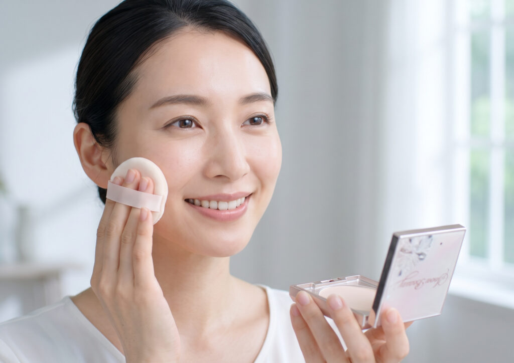 スノービューティーを正しく使い、自信を持った表情で仕上げのパウダーをのせる美しい肌の日本人女性。