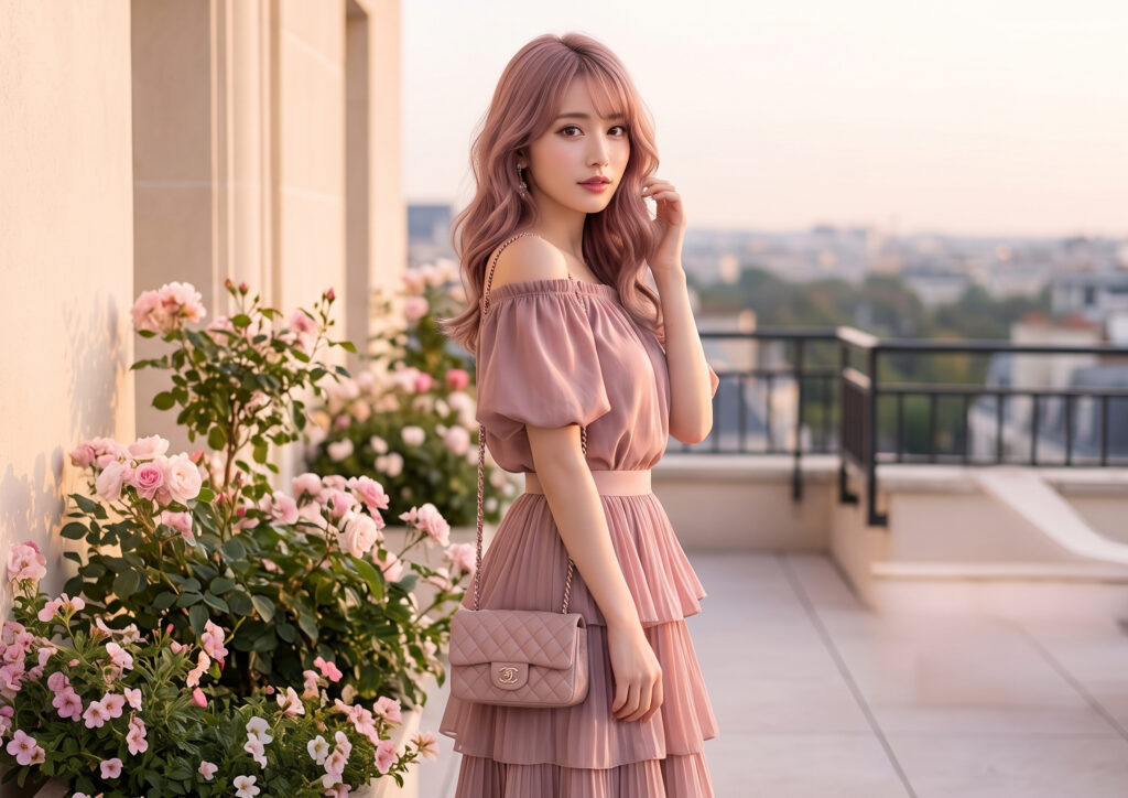 くすみピンクのフェミニンな服を着た日本人女性