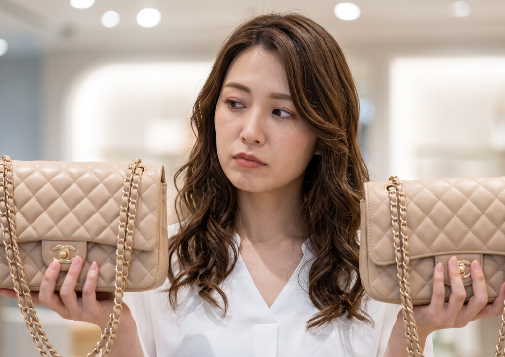 似た2つのバッグを比較して悩む日本人女性