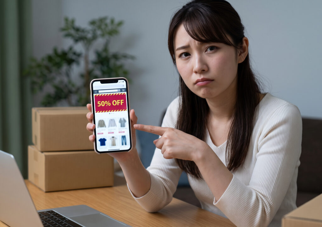 スマホで怪しい通販サイトを見て不安な日本人女性