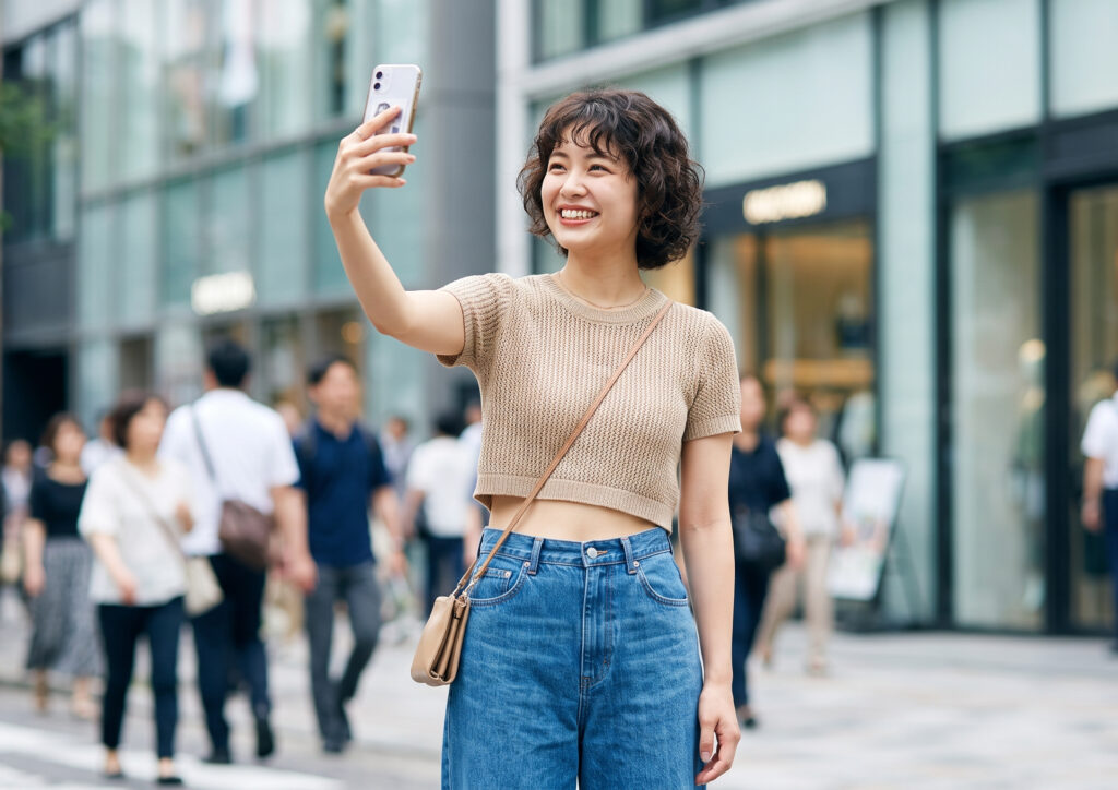 トレンドのプチプラ服で自撮りをする日本人女性