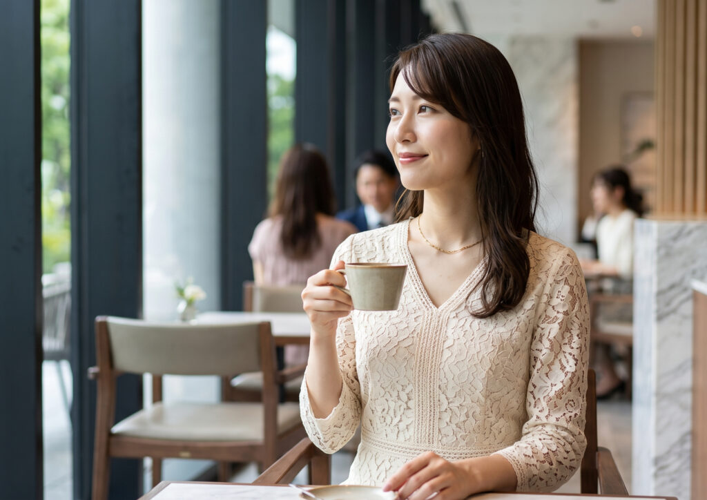 上質な素材のフェミニンな服を着た日本人女性