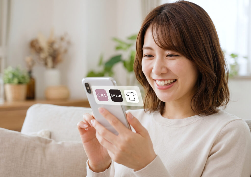 スマホで複数の通販サイトを見て楽しそうに選ぶ日本人女性