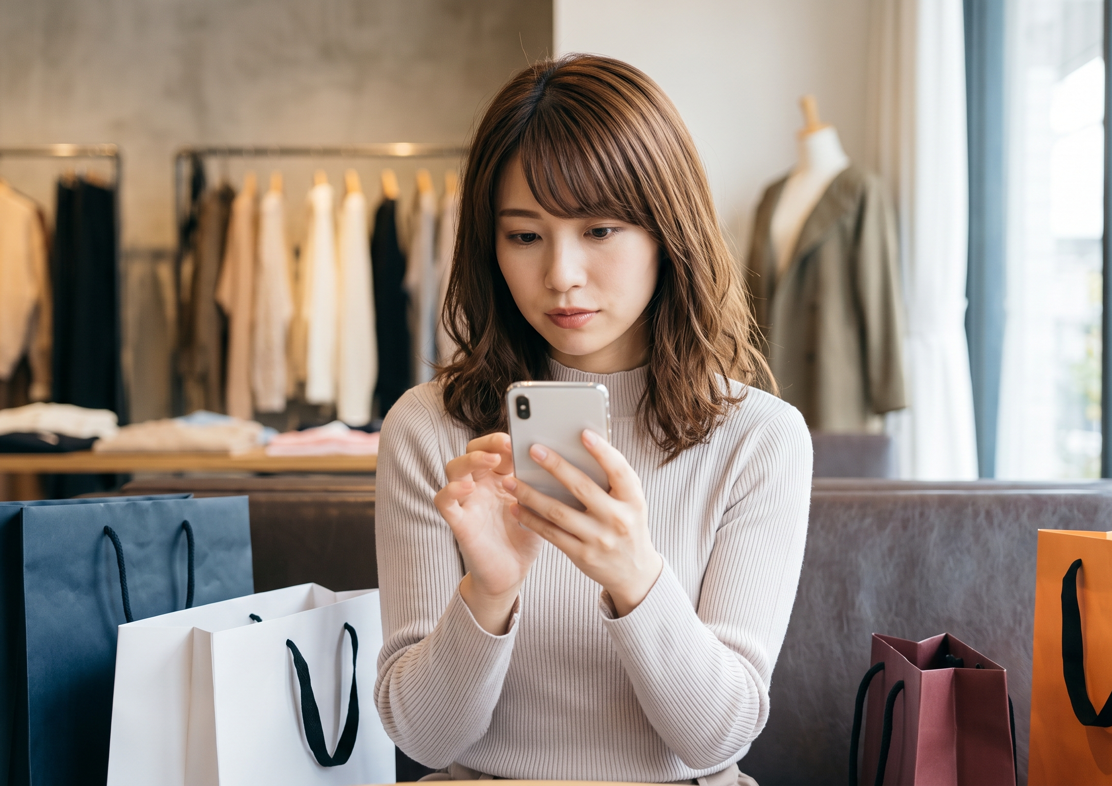おしゃれな服を前にスマホを見て悩む日本人女性
