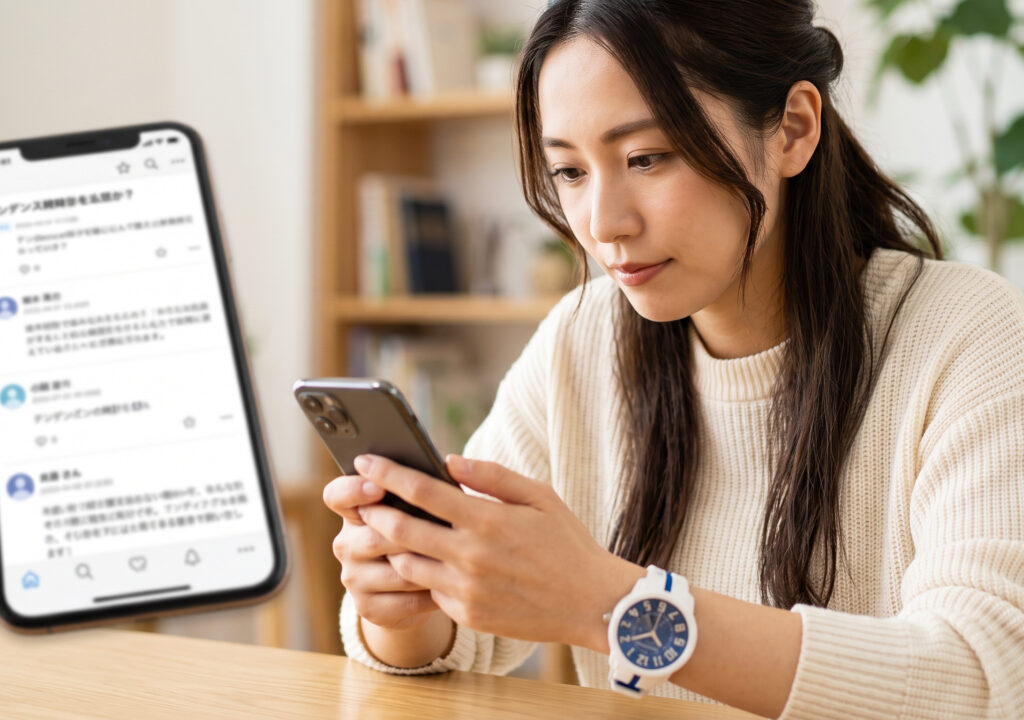 スマートフォンでテンデンスの時計の評判(知恵袋)を真剣に調査する日本人女性。彼女の腕にはテンデンスの時計がある。