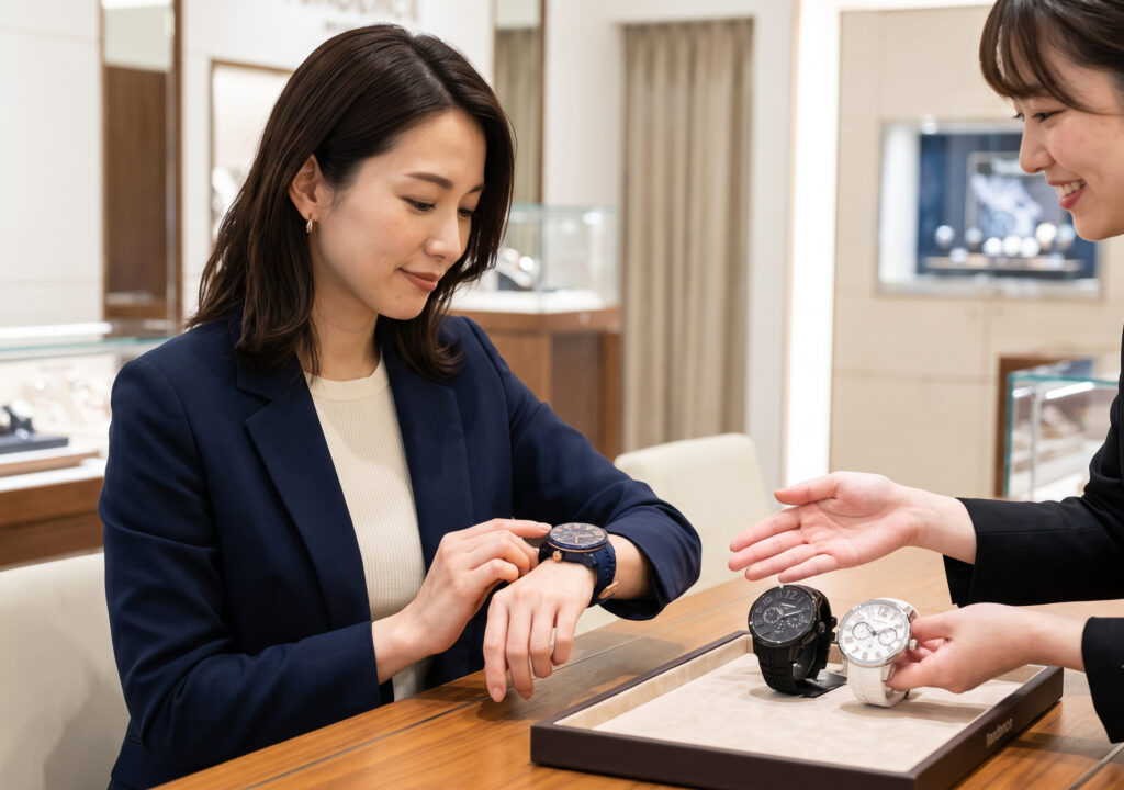 時計店のカウンターで、自分に合う落ち着いた色のテンデンスの時計を店員と相談しながら選ぶ日本人女性。