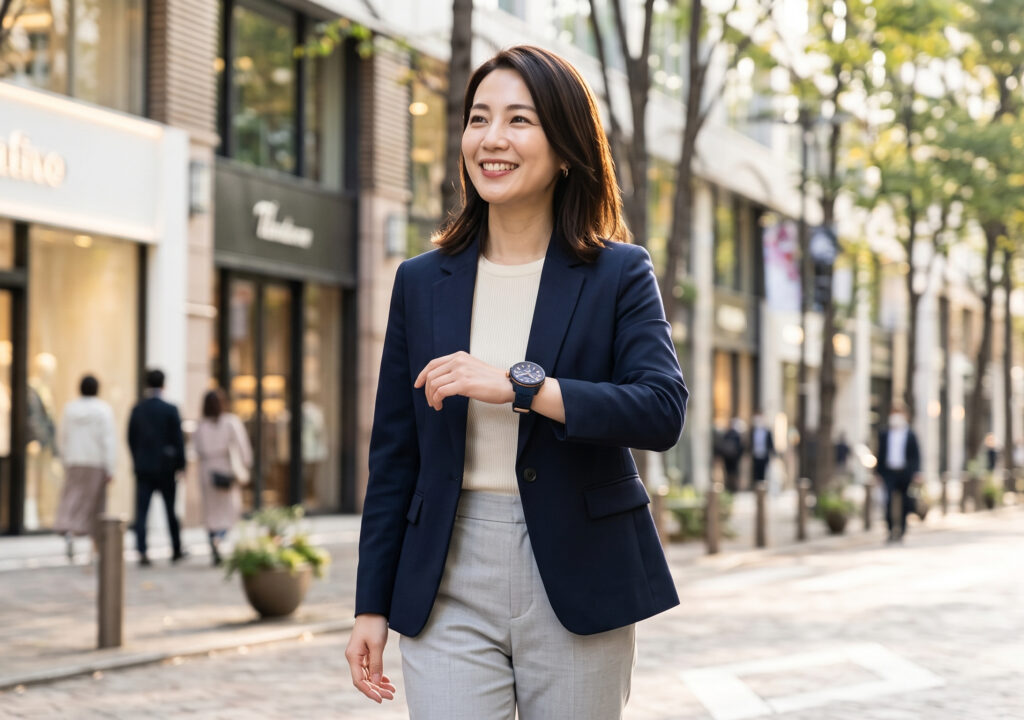 自分に合う色のテンデンスの時計を腕に着用し、満足げな笑顔で街を歩く日本人女性。