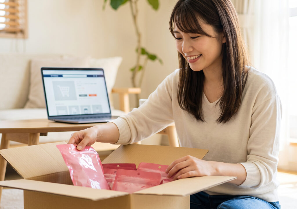 自宅のリビングで、通販で届いた段ボールから「ドモホルンリンクルのど飴」の複数袋を取り出している日本人女性。パソコン画面には通販サイトが表示されている