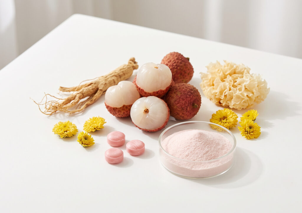 クリーンな空間で、ライチの実、長白参、白キクラゲ、不知火菊、そしてコラーゲンペプチドが美しく配置された、成分のこだわりをイメージさせる写真