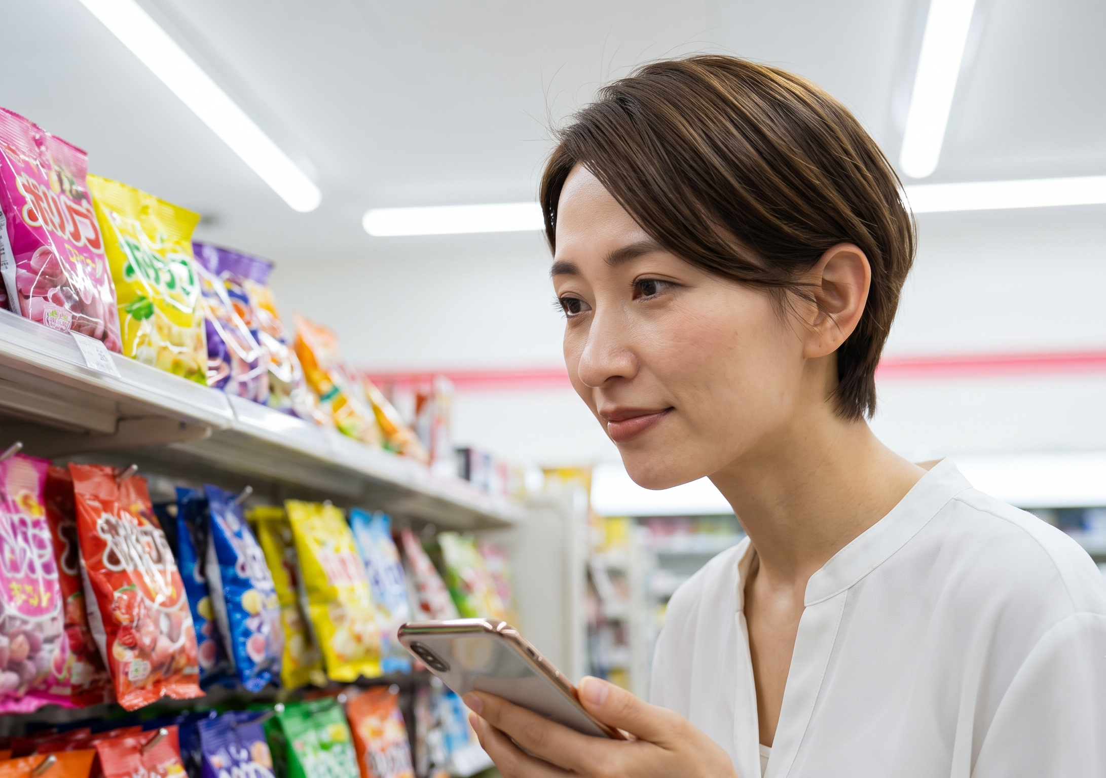 コンビニの飴売り場で、スマートフォンを片手に目的の商品を探している日本人女性