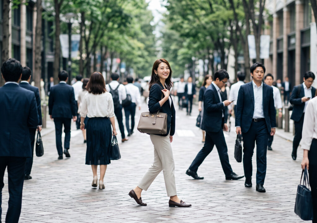 都会の雑踏を颯爽と歩く、笑顔で自信に満ちた日本人女性。彼女の腕にはハイブランドバッグがあるが、周囲の人は気にしていない