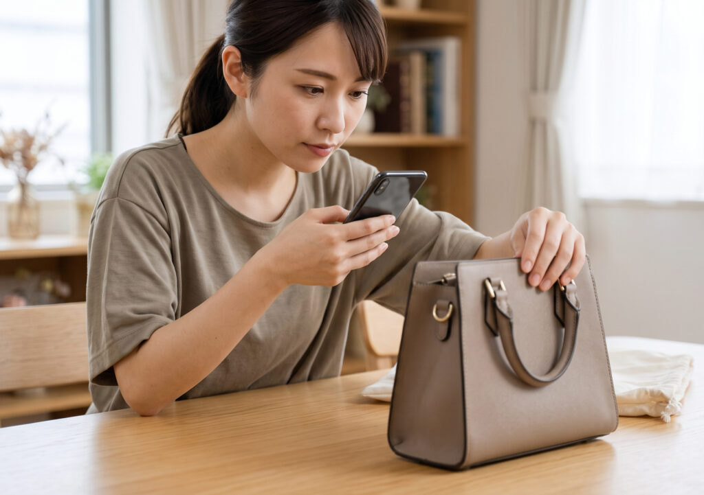 自宅のテーブルで、届いたブランドバッグをスマホで丁寧に撮影している日本人女性