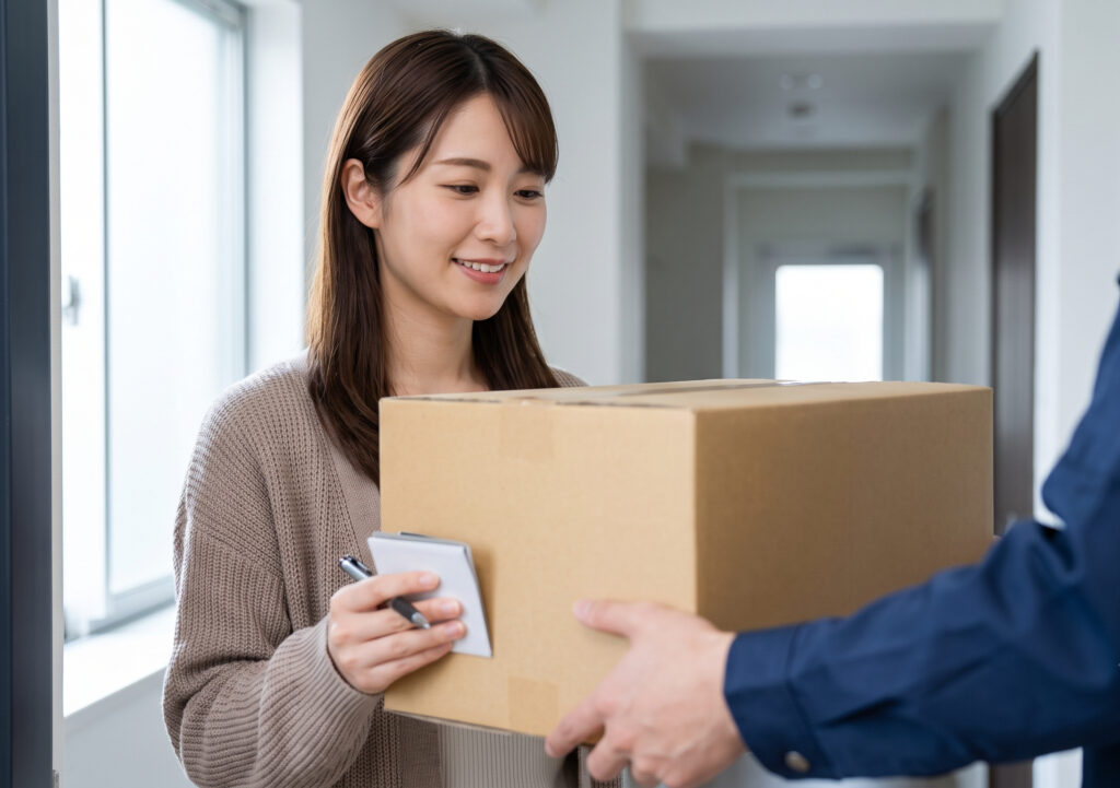 玄関先で、配送業者から無地のダンボール箱(ロゴなし)を笑顔で受け取る日本人女性