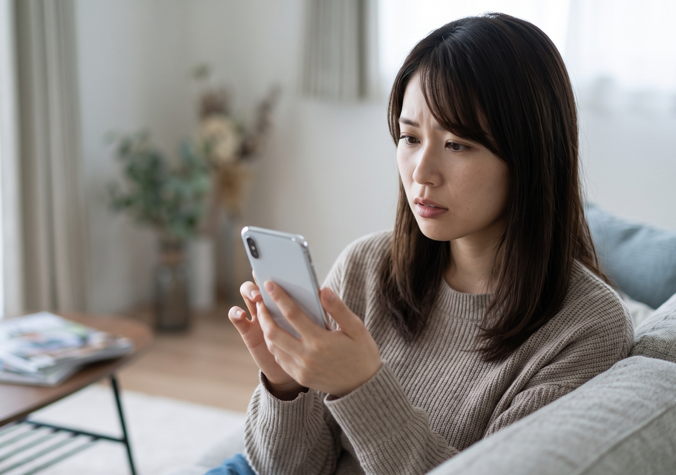 自宅のソファで、不安げな表情でスマホの画面を見つめる日本人女性