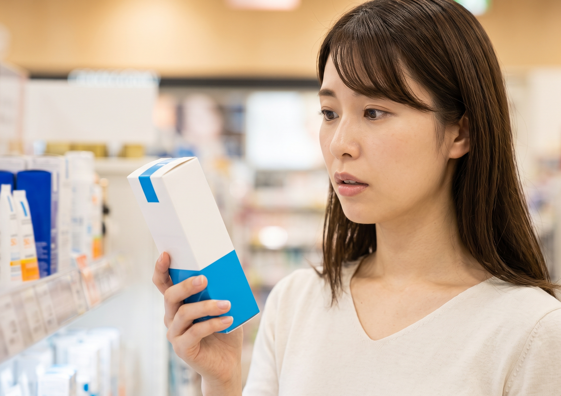 ドラッグストアの化粧品売り場で、ラロッシュポゼの日焼け止めを手に取り、価格を見て少し驚いた表情を浮かべる日本人女性