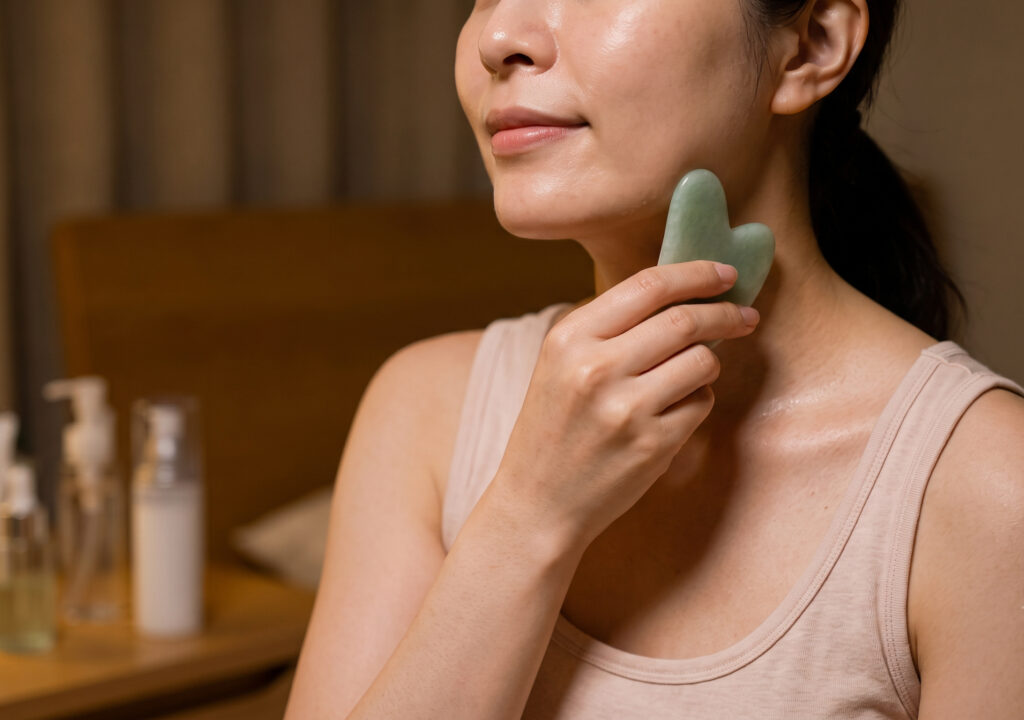 スキンケア後のリラックスした時間、100均で購入した安価なカッサプレート(天然石風)で首筋を優しくマッサージする日本人女性。