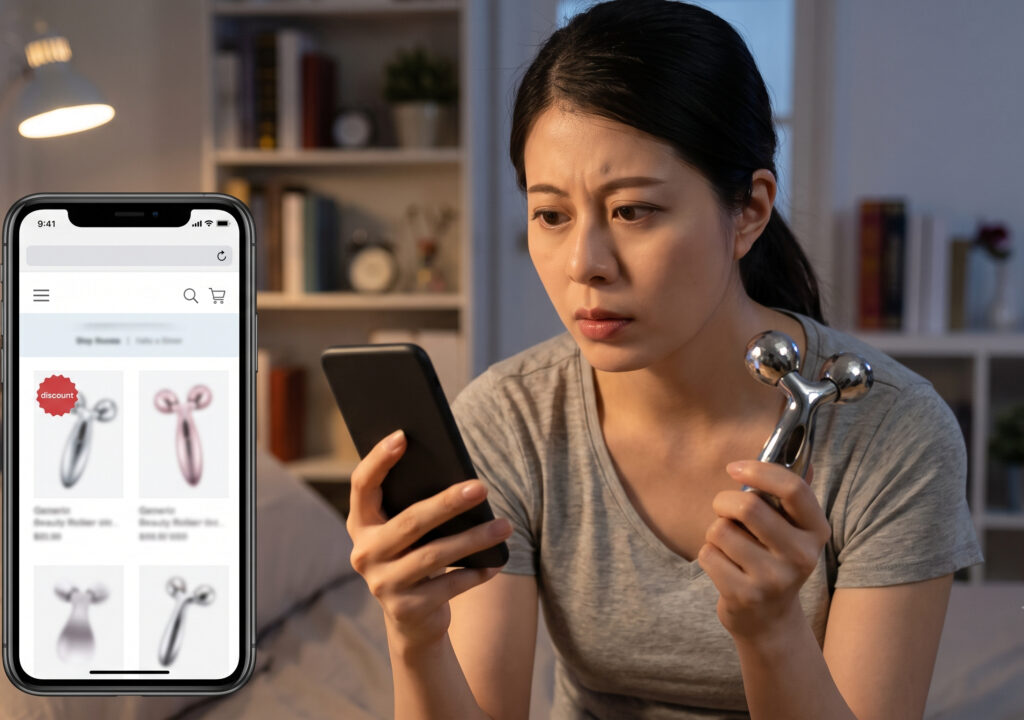 暗めの室内で、スマートフォンの画面(怪しげなECサイト)を不安げな表情で見つめる日本人女性。偽物への注意喚起。