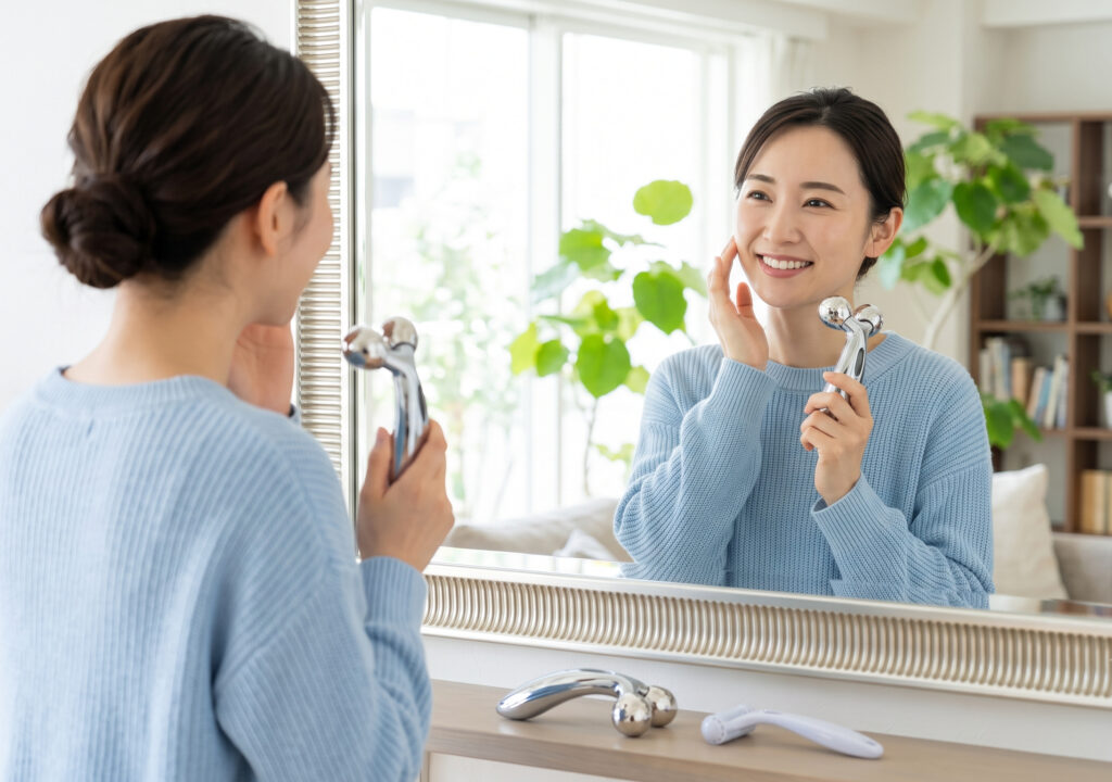 明るい室内で、自分に最適な美容習慣(本家と類似品が置かれた鏡の前)を選択し、満足げな表情で鏡を見る日本人女性。