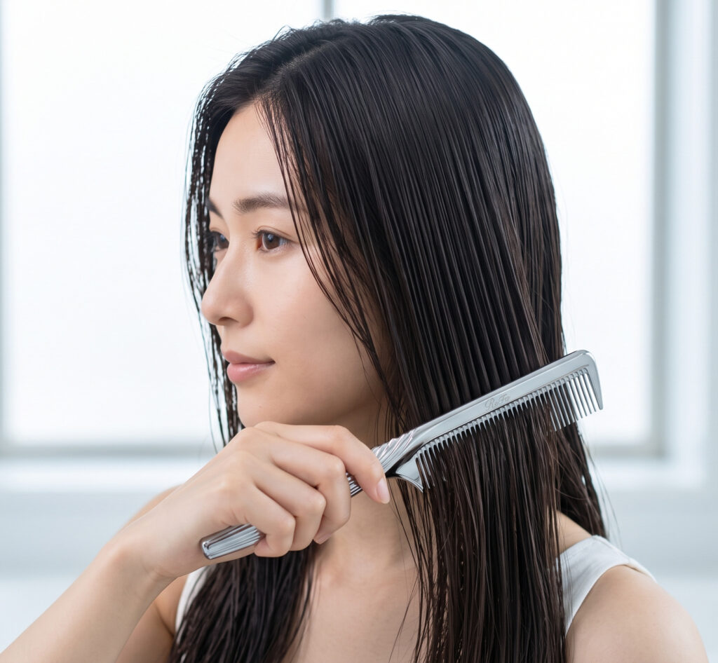 日本人女性が少し湿った髪をリファのマーキス型コームで丁寧に梳かし、コームのスムーズな動きと髪のまとまり、ツヤを視覚的に伝える様子。100均コームとの違いである「摩擦」と「静電気」の少なさを強調している。