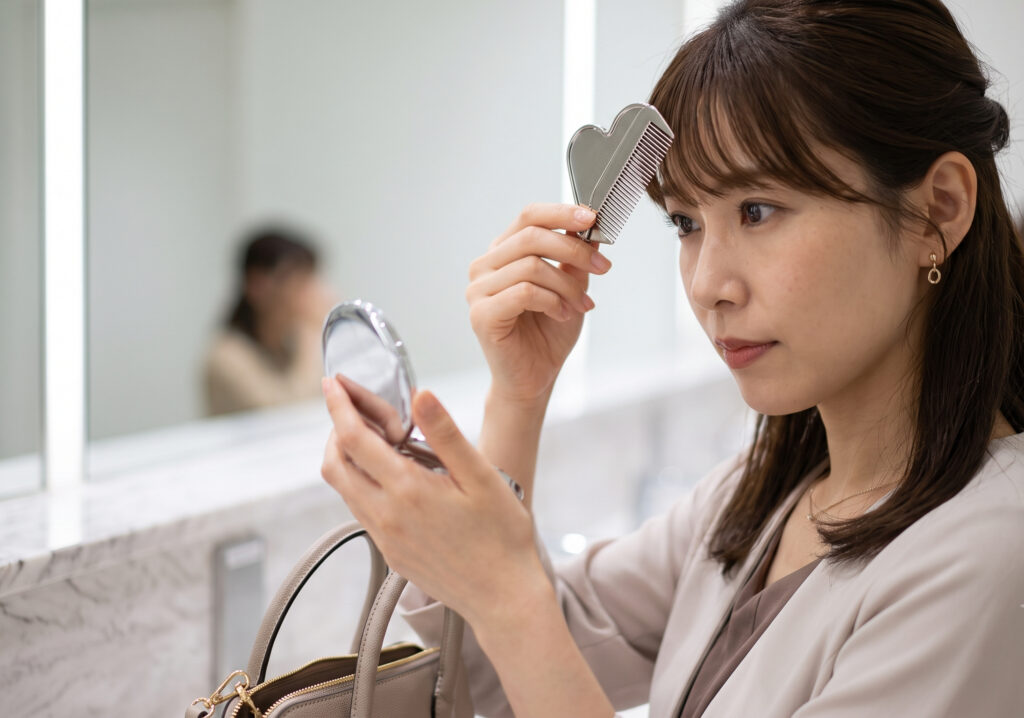おしゃれなカフェの洗面所で、日本人女性がバッグから取り出した折りたたみ式のリファ ハートコーム アイラを使って前髪を整える様子。外出先での携帯性と使用シーンを表現。