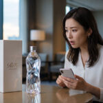 日本の高級な空間で、驚きの表情で高価なガラスボトル入りのミネラルウォーターを見つめる日本人女性。