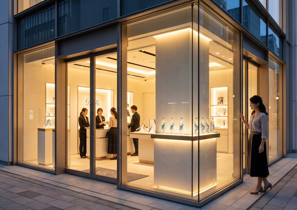 東京・銀座にある「ReFa GINZA」旗艦店の洗練された外観と、ジュエリーのように展示されたリファウォーター。
