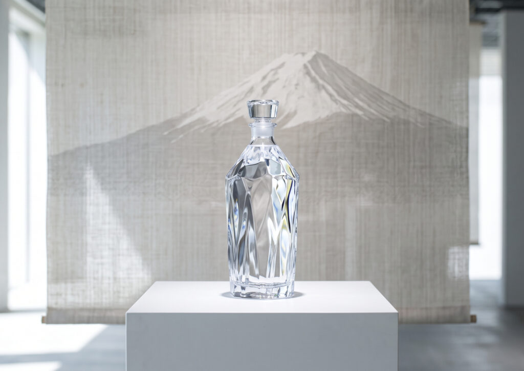 自然光の中でエレガントに展示された、富士山の伏流水を使用したReFa WATER Premium70の美しいガラスボトル。