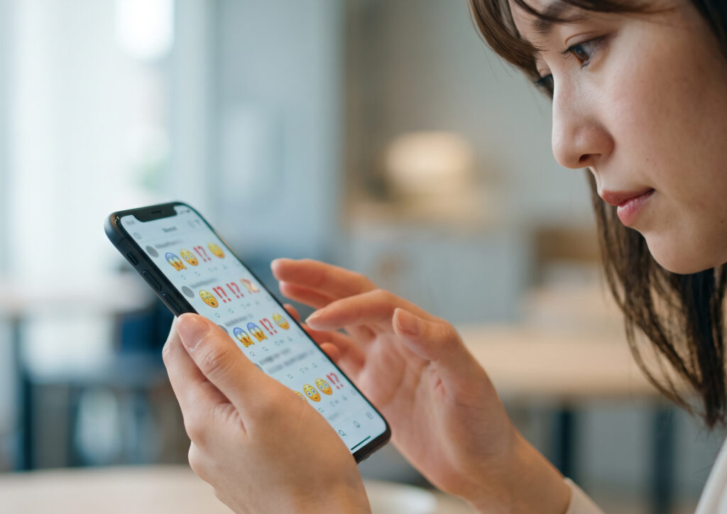 SNSで高級水に関する驚きや議論が盛り上がっている様子をスマートフォンで確認する日本人女性。