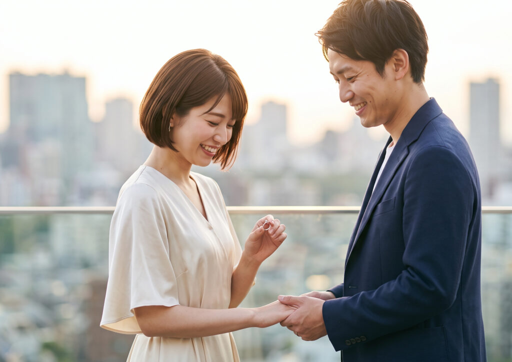 落ち着いた雰囲気のカフェで、自分の手元の洗練された婚約指輪と結婚指輪を愛おしそうに見つめる落ち着いた日本人女性