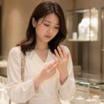 ヴァンドーム青山の店舗内で、期待と不安の入り混じった表情で手元を見つめる日本人女性