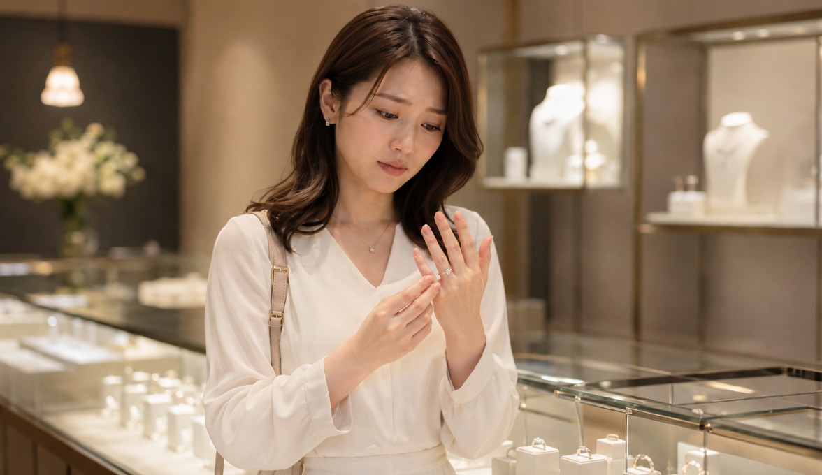 ヴァンドーム青山の店舗内で、期待と不安の入り混じった表情で手元を見つめる日本人女性