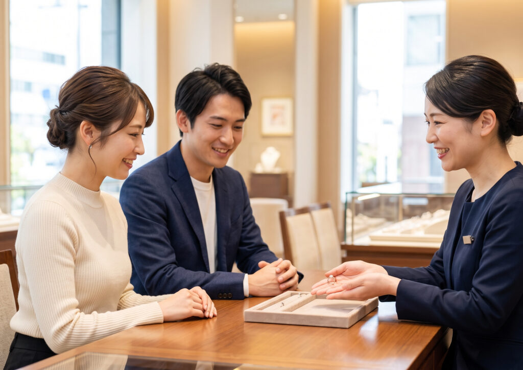 百貨店のジュエリーコーナーで、誠実な接客スタッフから笑顔で指輪の説明を受ける日本人カップル