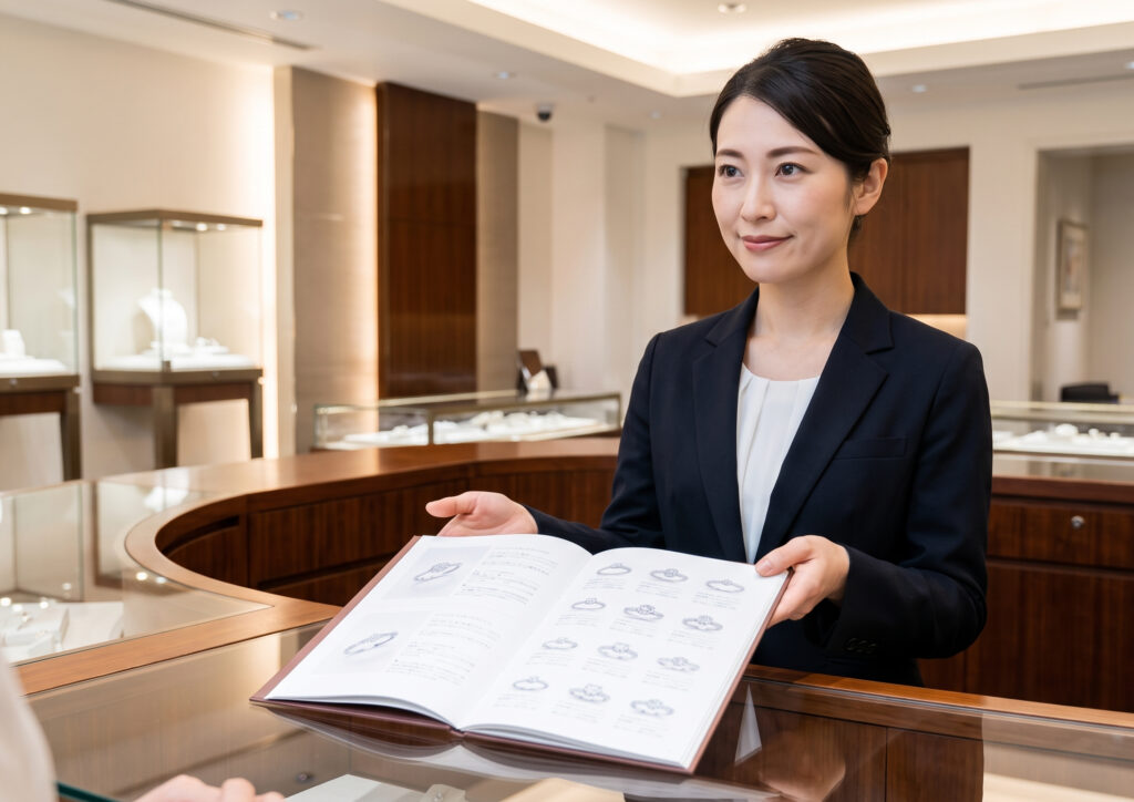 上質なジュエリーショップのカウンターで、洗練された雰囲気の専門スタッフ（日本人女性）が、婚約指輪のカタログを提示している様子