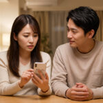 スマホで婚約指輪について検索しながら、少し不安げな表情を浮かべる、日本人のカップル。東京の夜の自宅にて